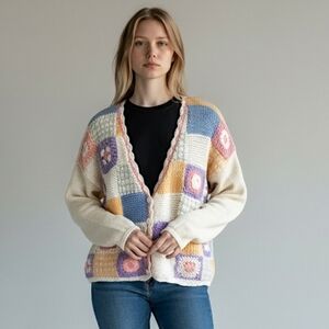 Granny Square Cardigan Sweater Floral 3d Beige Sz Large Cottagecore VTG 90s‎